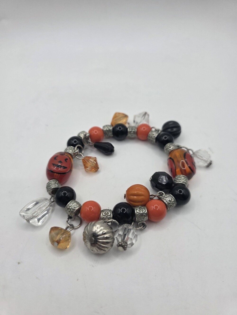 Vintage 90s Halloween Charm Stretch Bracelet Glass Lampwork Jack O’Lantern Beads